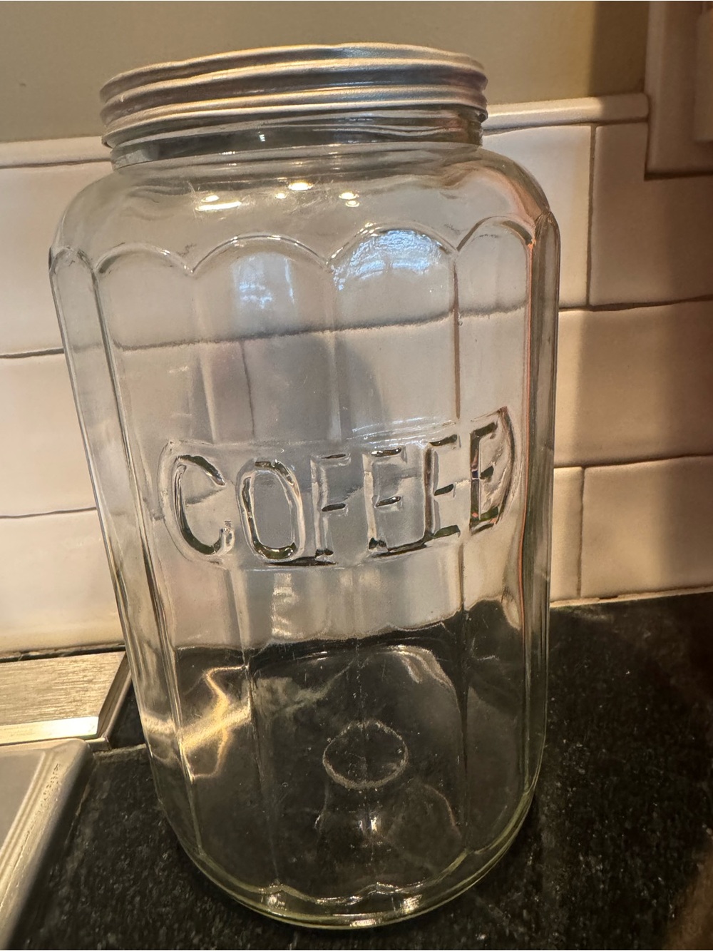 Rare Vintage 16 panel 9” Tall Hoosier Glass "COFFEE" Canister Jar With Lid